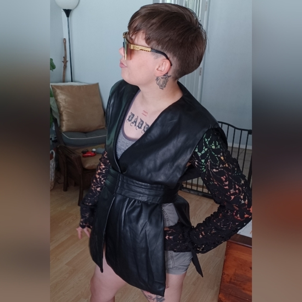 NWT Maniere De Voir (12) Black Lace Sleeve Open Vegan Leather Blazer